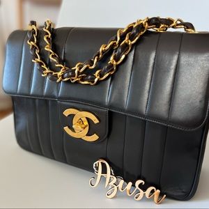 CHANEL BLACK Vintage vertical mademoiselle LAMBSKIN jumbo BAG